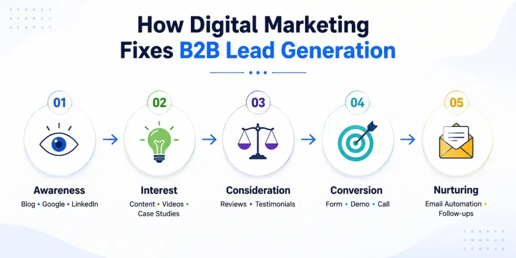 How B2B lead generation digital marketing 2026 guides buyers from awareness to conversion